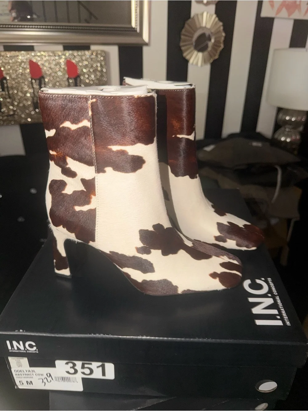 INC International Concepts Brown & Cream Cow-Print Ankle Booties